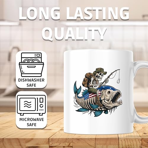 Skull Riding Fish Mug - 11 Ounce Coffee Mug - Camping - Premium Quality Ceramic Mug -Design Printed On Both Sides - Made i...