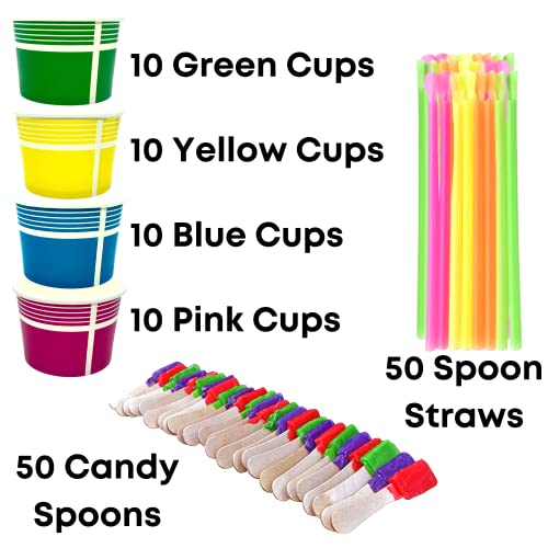 140 Piece Multi-Colored Snow Cone/Shaved Ice Kit - Includes 40 (12oz) Yellow, Pink, Green and Blue Cups, 50 Candy Spoons, ...