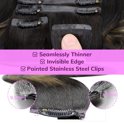 IDN BEAUTY Seamless Clip In Hair Extensions Human Hair, Body Wave 16 Inch 110g 7pcs, 1B/6/1B Balayage Natural Black to Chestnut Brown Remy Hair Seamless Clip Ins For Black Women PU Invisible Edge