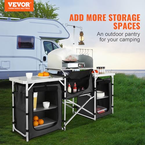 VEVOR Camping Kitchen Table, Folding Outdoor Cooking Table with Storage Carrying Bag, Aluminum Cook Station 3 Cupboard & D...
