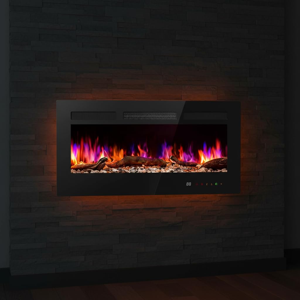36" Electric Fireplace Insert, 1500W Wall Mounted & Recessed Fireplace Heater with Remote & Touch Screen, Adjustable Flame Color & Brightness, 12H Timer, Low Noise Electric Fireplace for Indoor Use