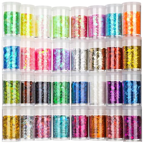Festival Chunky and Fine Glitter Powder Mix, Teenitor 32 Colors Chunky Sequins, Iridescent Glitter Flakes, Cosmetic Face B...