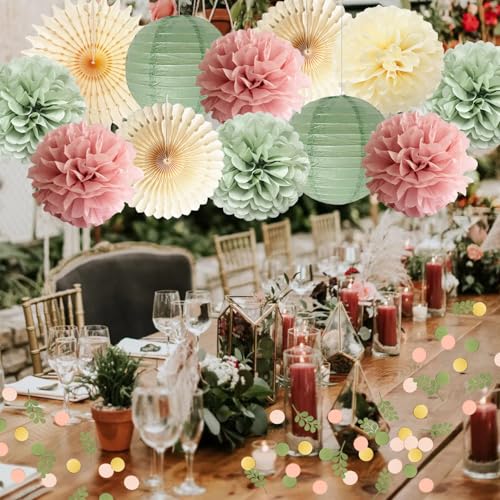 Dusty Pink and Sage Green Party Decorations Dusty Rose Sage Green Tissue Pom Poms Paper Lanterns Confetti Dots Scatter Tab...