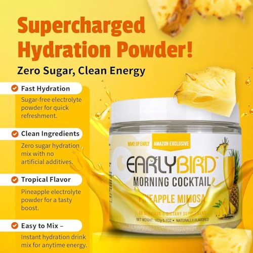 EarlyBird Energy Drink Powder, Morning Cocktail Pineapple Mimosa, Zero Sugar Electrolytes with Amino Acids, Electrolytes P...