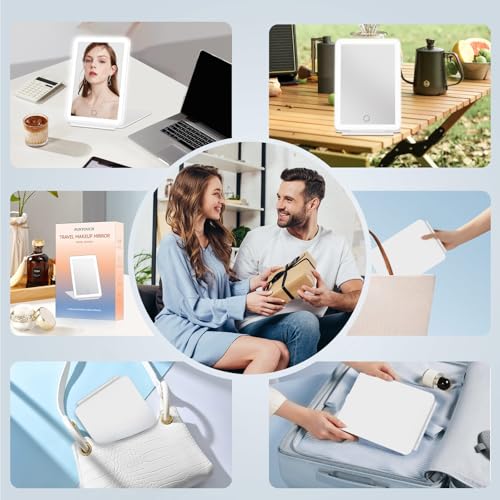 FUNTOUCH Rechargeable Travel Makeup Mirror with 72 Led Lights, Portable Lighted Beauty Mirror, 3 Color Lighting, Dimmable ...
