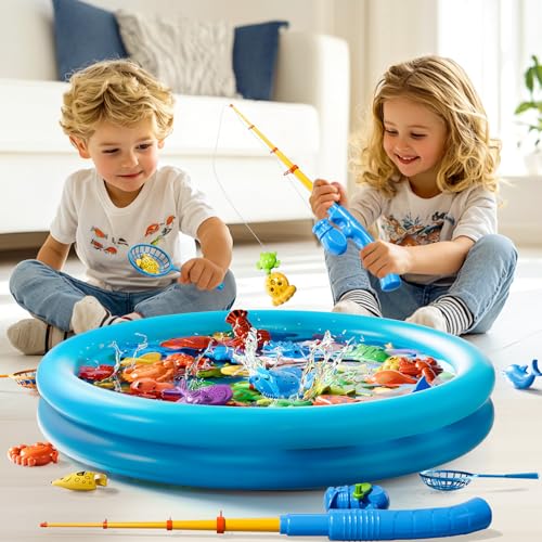 Magnetic Fishing Pool Toys Game for Kids Toddlers 3-5 4-8, Fishing Water Table Bathtub Toy with Inflatable Pool Pole Rod N...