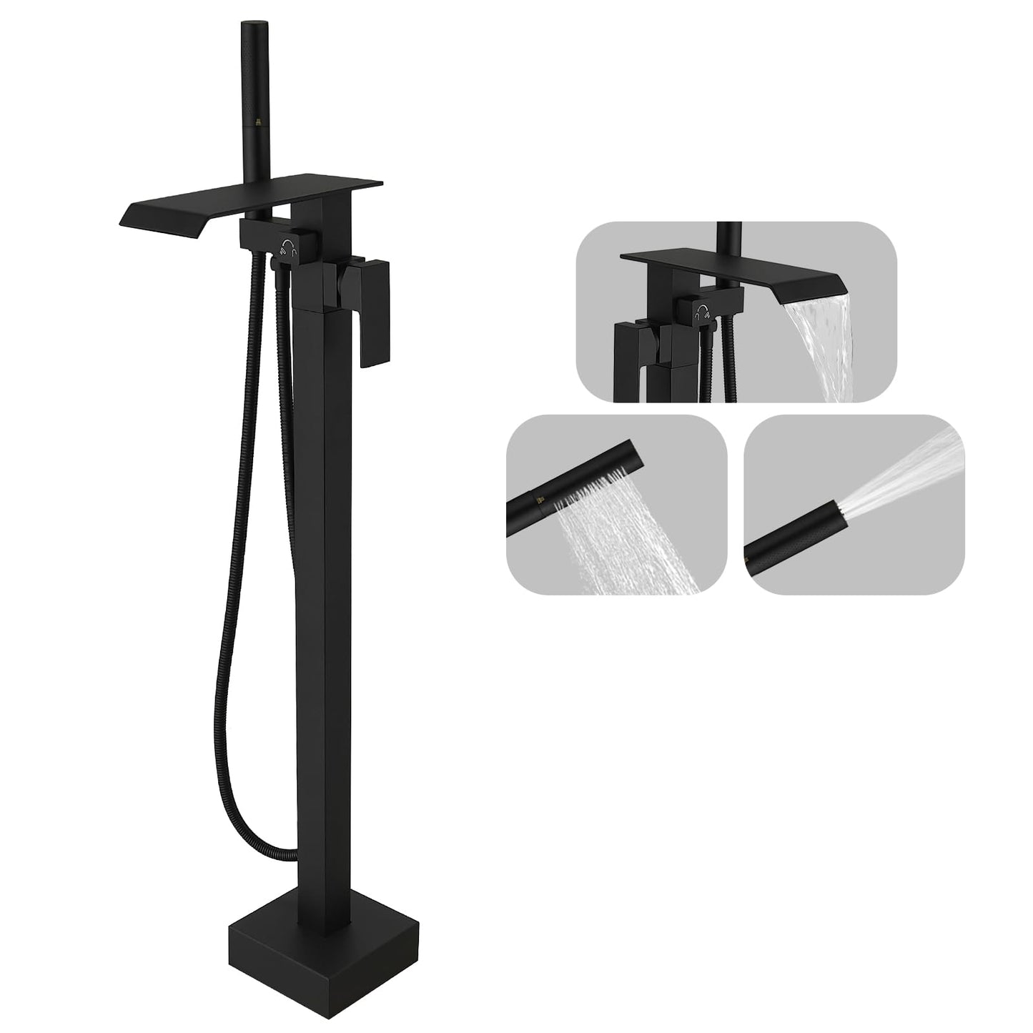 Kroias Matte Black Freestanding Waterfall Bathtub Faucet High Flow Standing Tub Filler Floor Mount Brass Stand Bathtub Filler Single Handle Bathroom Floor Mounted Tub Faucets with Handheld Shower