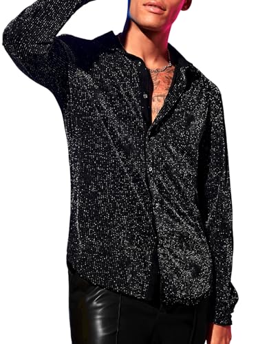 Verdusa Men's Glitter Shirts Long Sleeve Collar Button Down Party Shirt Top