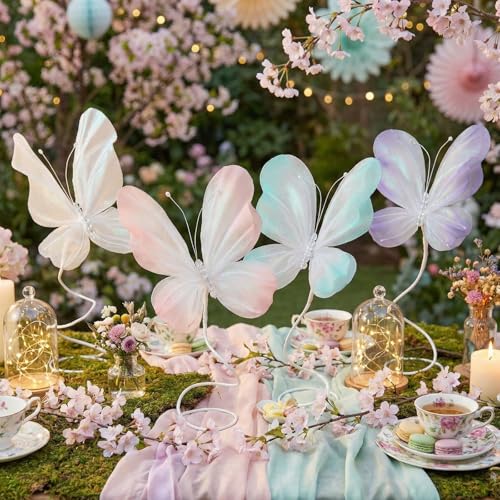 Roowest 4pcs Butterfly Party Decorations Table Centerpiece Gradient Silk Flying Large Butterfly Centerpiece 3D Pink Purple...