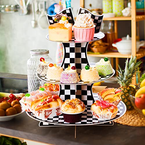 Hmxpls 3-Tier Round Cardboard Cupcake Stand, Racing Car Theme Cardboard Cupcake Holder, Car Theme Dessert Display Stand To...