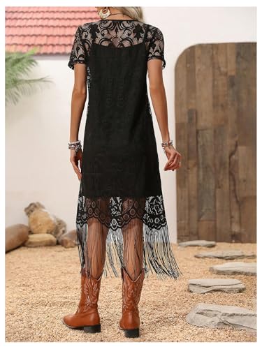 WDIRARA Women's Western Concert 2 Piece Outfits Short Sleeve Sheer Fringe Dress and Cami Dress Set