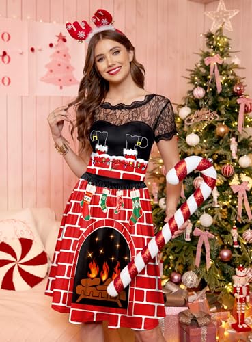Women's Christmas Lace Short Sleeve Holiday A Line Knee Length Dress