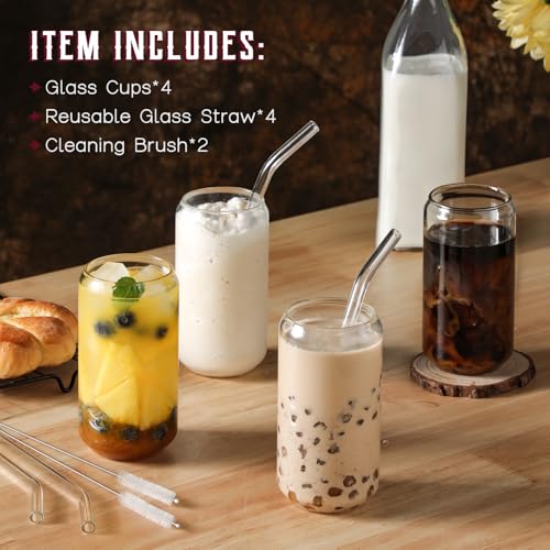 NETANY Drinking Glasses with Glass Straw 4pcs Set - 16oz Highball Glass Cups, Beer Glasses, Iced Coffee Glasses, Cute Tumb...
