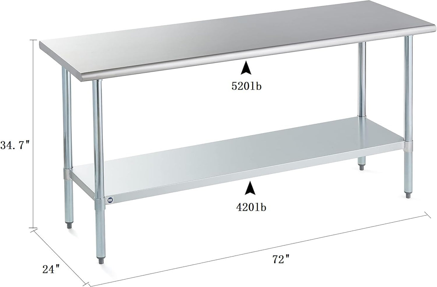 ROCKPOINT Stainless Steel Table for Prep & Work 24x72 Inches, NSF Metal Commercial Kitchen Heavy Duty Table with Adjustable Under Shelf and Table Foot for Restaurant, Home and Hotel