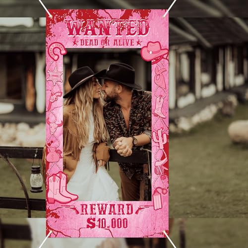 Cowgirl Party Decorations Pink Western Photo Booth Wanted Poster Photo Prop Photos Frame Banner for Wild West Birthday Dec...