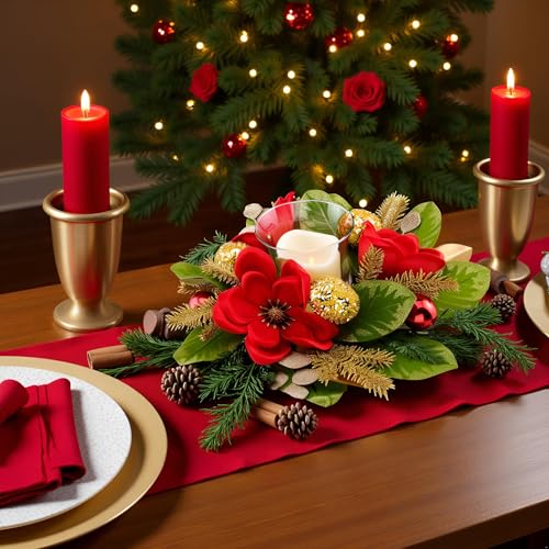18" Centerpiece with Flameless LED Candle Holder, Design with Red Artificial Magnolia, Gold Baubles & Spruce Branches for ...