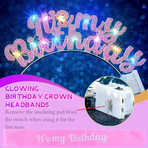 Uranian Light Up Birthday Headbands and Sash Led Rhinestone Crowns Birthday Hairbands Party Favor Hair Accessories for Women