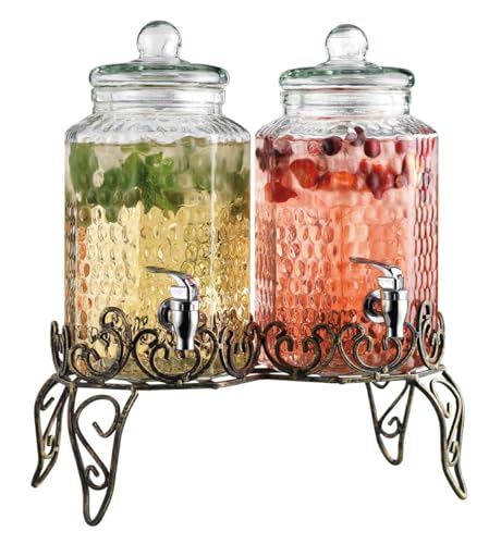 Classic Hammered Glass Beverage Dispenser with Elegant Stand (Set of 2), 1 Gallon Glass Drink Dispenser with Stand & Spigo...