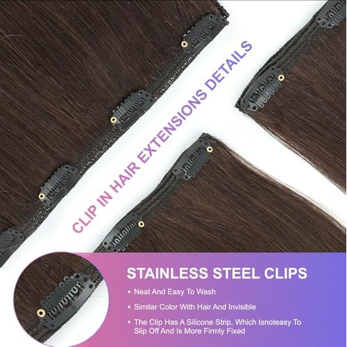 Dark Brown Clip in Hair Extensions, 2 Dark Brown Hair Extensions Real Human Hair, Invisible Seamless Remy Human Hair Clip Extensions for Women 8pcs Per Set with Double Weft 26 Inch 130g