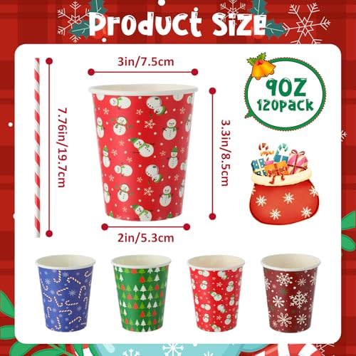 FoldTier 120 Set 9 oz Christmas Hot Cocoa Paper Cups Bulk Disposable Paper Coffee Tea Cups with Straws Christmas Hot Choco...
