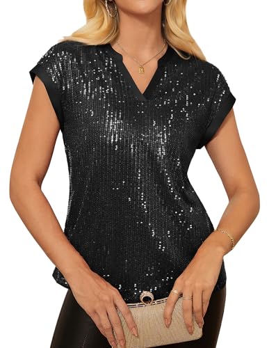 GRACE KARIN Women's Sequin Sparkly Tops Cap Sleeve Dressy Blouses Glitter Party Tops V Neck Disco Shirts Club Concert Outfits