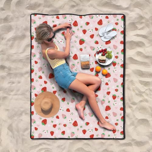 qwpmvhsak Strawberry Bow Picnic Blankets Waterproof Foldable, 60’‘x80'' Portable Outdoor Picnic Mat Water Resistant for Gr...