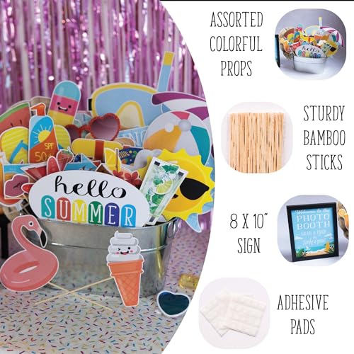 Summer Photo Booth Props - 41 Pieces with Signs, Adhesive Pads, Sticks - Pool Party & Beach Theme Props
