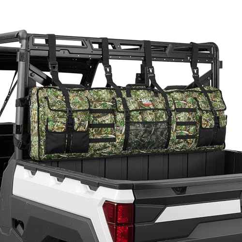 KEMIMOTO Double UTV Tool Bag Rack, Hunting Tool Holder Rack Soft Carrier Case Rear Roll Cage, Bow Storage Bag Compatible with Polaris Ranger Mule Uforce, Most General UTVs (Green Camo)
