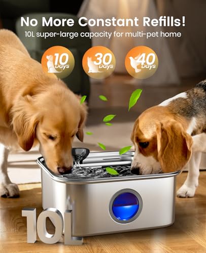 oneisall Dog Water Fountain, 2.6Gal/10L Stainless Steel Dog Water Bowl Dispenser with Deeper Drinking Aera & Washable Filt...