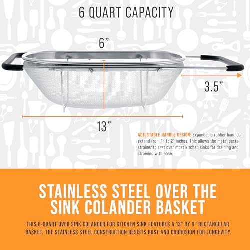 U.S. Kitchen Supply Stainless Steel Colander Strainer - 6-Quart Collapsible Colander with Expandable Rubber Handles - Rect...