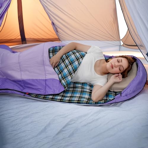 Cotton Flannel Lined Sleeping Bag for Adults Teens Kids, Cold Weather &Warm, 3 Seasons, Lightweight Compact Camping Essent...