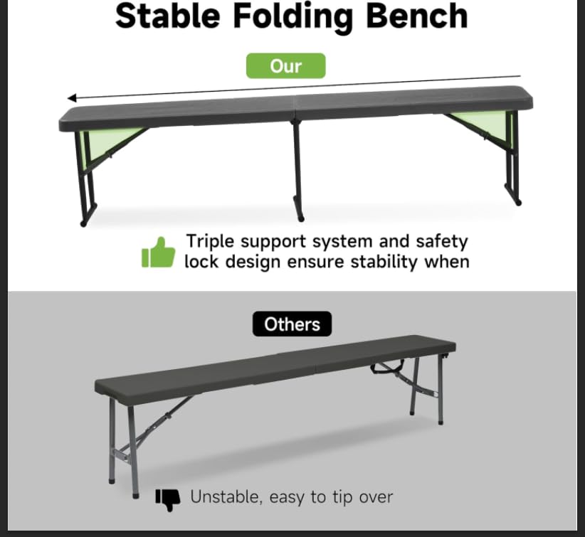 Real Relax 6' Picnic Table with 2 Benches, 3 Piece Black Wood Grain Portable HDPE Folding Camping Table and Benches for Co...