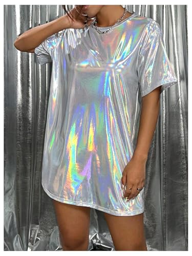 SHENHE Women's Y2k Shiny Holographic Short Sleeve Metallic Party Disco Oversized Tshirt Dress