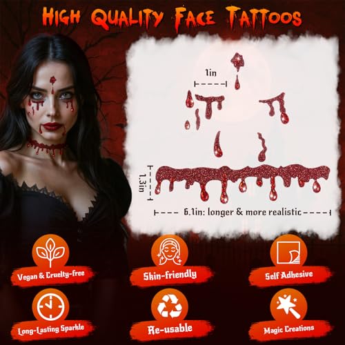 Face Gems Stickers Women for Halloween Vampire Costume Accessories Makeup - Glitter Red Face Jewels Tattoos Stickers for G...