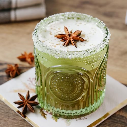 Kate Aspen Retro Arch Floral Green Drinking Glasses Set of 6-10 oz Vintage Beaded Glassware, Textured Water & Cocktail Cup...