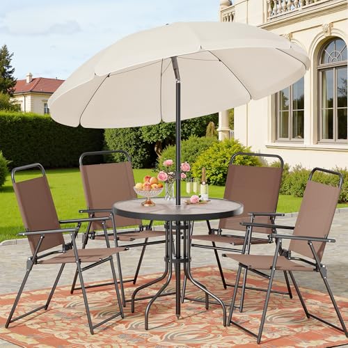Shintenchi 6 Piece Patio Dining Set with Umbrella, Outdoor Furniture Set with 4 Folding Chairs and Tempered Glass Top Dini...