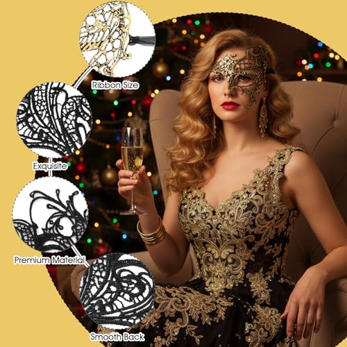 Yolev 6 Pcs Masquerade Masks for Women Gold Black Lace Mask 6 Styles Masquerade Mask for Glasses Couples Halloween Prom Ba...