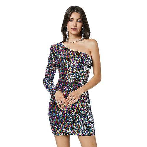 THANKPEARL Women's Sequin One Shoulder Dress Long Sleeve Sparkly Cocktail Club Tight Bodycon Christmas Dresses