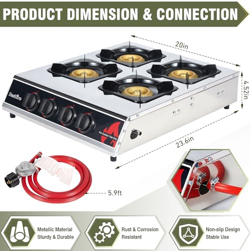 BESTFIRE 4 Burner Propane Gas Stove 40,000 BTU Stainless Steel Cooktop with Enamel Pan Support, Electronic Ignition, Regul...