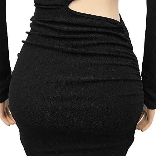 Elainone Women's Sexy Ruched Long Sleeve Bodycon Dress Cut Out Solid Color Basic Fitted Elegant Midi Dresses