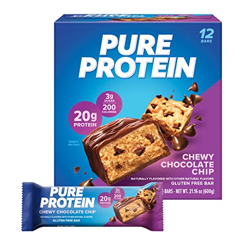 Pure Protein Chewy Chocolate Chip Protein Bars – 20g Protein, 3g Sugar, 190 Calories (12 count) Low Sugar* High Protein Sn...