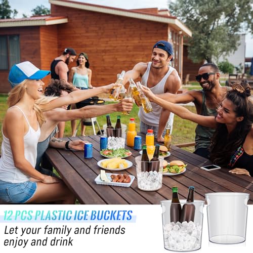 Tessco 12 Pcs Plastic Ice Buckets Clear Large Champagne Wine Cooler Bucket with Handle Portable Drinks Beverage Tubs Chill...