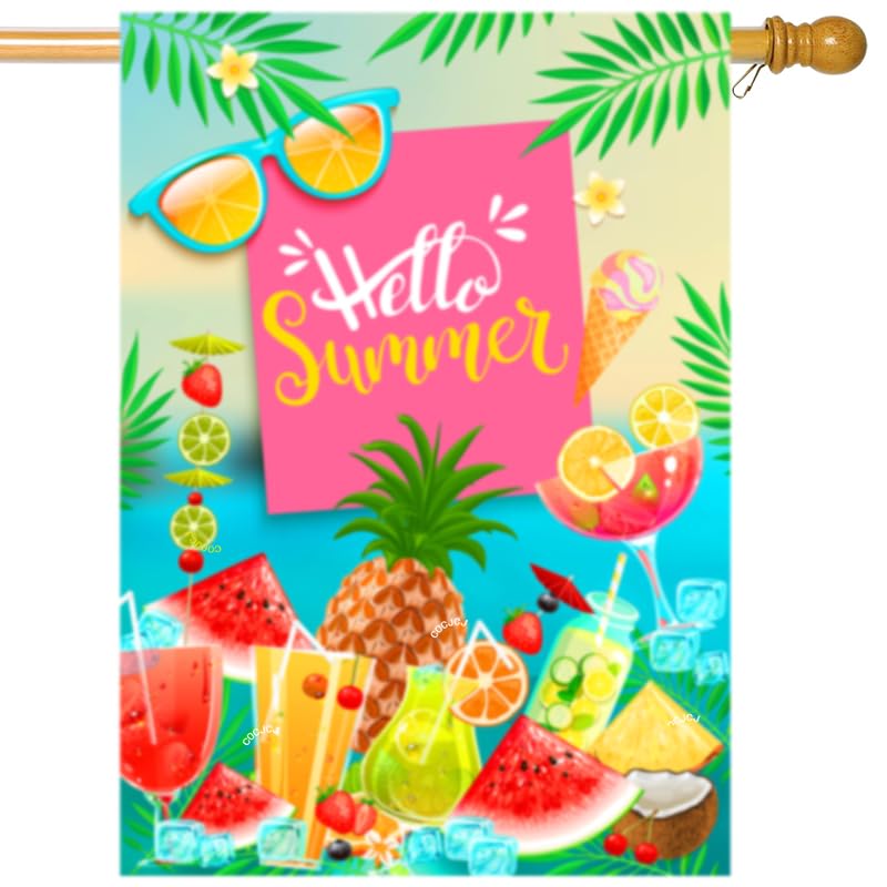 Hello summer flags 28 x 40 double sided watermelon，Welcome House Flag Double Sided Bee Yard House Seasonal Farmhouse Outdoor Decoration 28 x 40 Inch