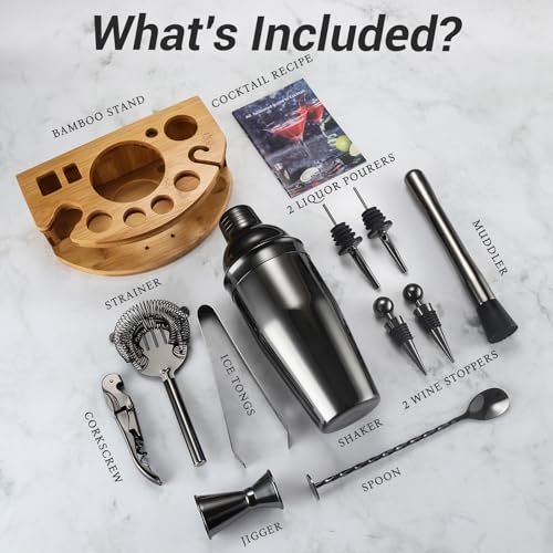 Cocktail Shaker Set Bartender Kit with Stand, 12 Piece Bar Set Drink Mixer Set with Stainless Steel Bar Accessories Tools:...