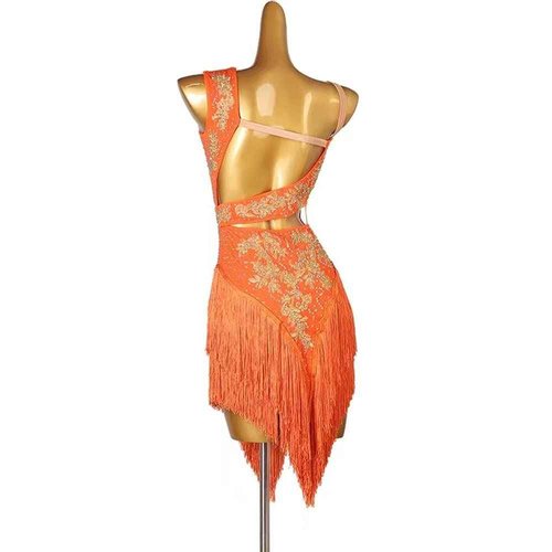 LIUHUO Latin Dance Dress Hollow Suspender Tassel Hem Show, Party, Competition Performance Orange