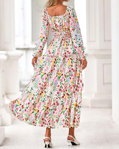 BTFBM Long Sleeve Dress for Women 2026 Spring Fall Boho Floral Square Neck Casual Flowy Long Wedding Guest Maxi Dresses