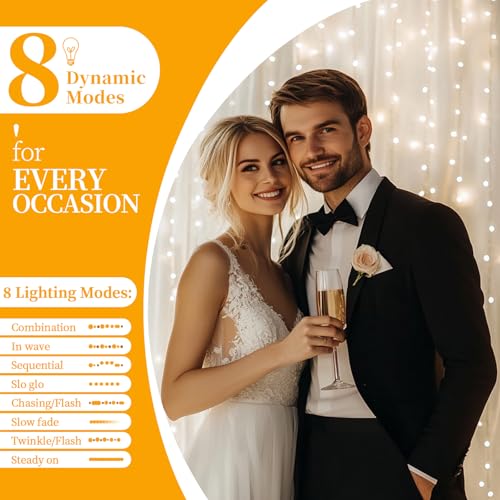 Patioman 10x8ft White Tulle Backdrop Curtain with Lights, Wrinkle-Free Sheer Wedding Backdrop for Birthday Parties, Baby S...