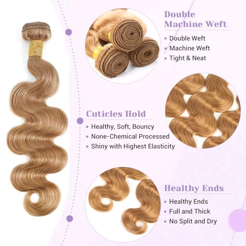 27# Honey Blonde Body Wave Bundles 100% Real Human Hair Bundles 12 14 16 Inch For Quick Weave Double Weft Can Be Dyed and Restyled