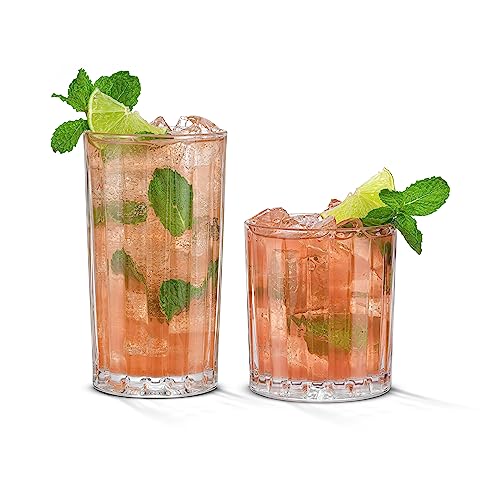 JoyJolt Drinking Glasses Set of 8, Alina Ribbed Glassware. 12oz Rocks Glass and 14oz Highball Glass set. Cocktail Glasses,...