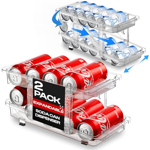 Expandable Soda Can Dispenser For Fridge - 2-Pack - Clear Transparent Soda Can Organizer For Refrigerator, Kitchen, and Pa...
